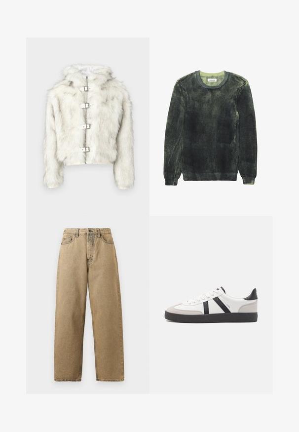 Jachetă din blană artificială albă cu glugă, prevăzută cu accesorii argintii și patru nasturi tip capse în față. Textură moale și design cropped.; Pulover din tricot ribbed de un verde închis, cu o textură moale, guler rotund și mâneci lungi. Are accente de verde deschis pe guler și margini.; Jeans din denim bej cu un design drept, prezentând un fermoar la tiv, bucle pentru curea și cusături contrastante. Fără modele notabile sau detalii de hardware.; Sneaker alb cu accente negre și gri, având un capac de vârf gri texturat, talpă din cauciuc negru și șireturi plate albe. Design elegant, stil minimalist.