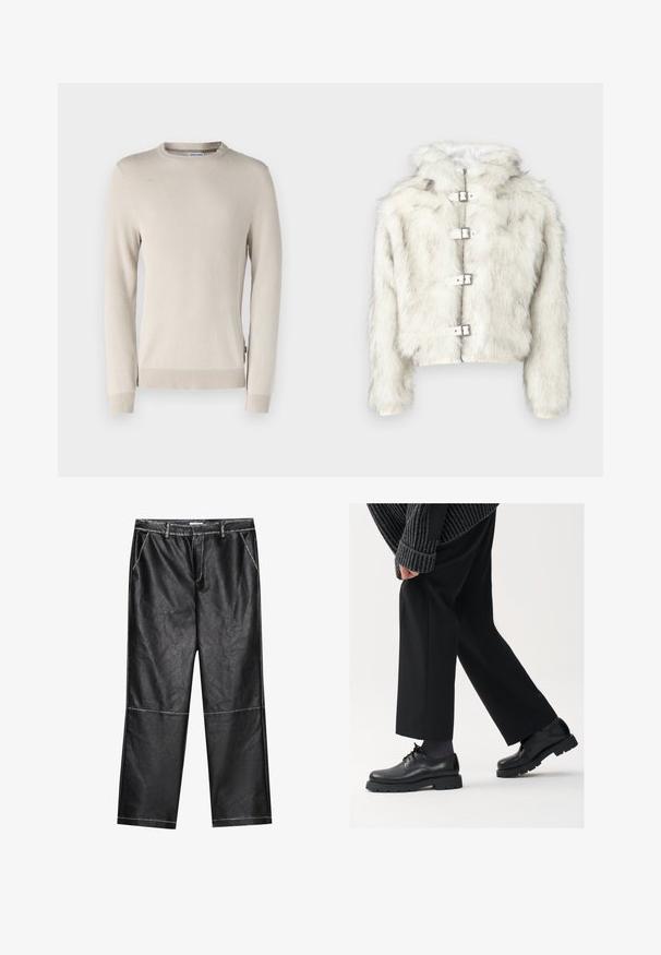 Casaco de pelúcia branca com capuz, com ferragens prateadas e quatro botões de pressão na frente. Textura suave e design cropped.; Pulôver de malha bege com um padrão texturizado, decote redondo e punhos e bainha canelados. Feito de material suave e respirável.; Calças pretas em couro sintético, de perna larga, com detalhes de costura e bolsos frontais, apresentando uma textura suave e ligeiramente reflexiva.; Sapatos de couro pretos com bico arredondado, design de atacadores e sola espessa e texturizada. Usados com calças pretas ajustadas e um suéter com nervuras.