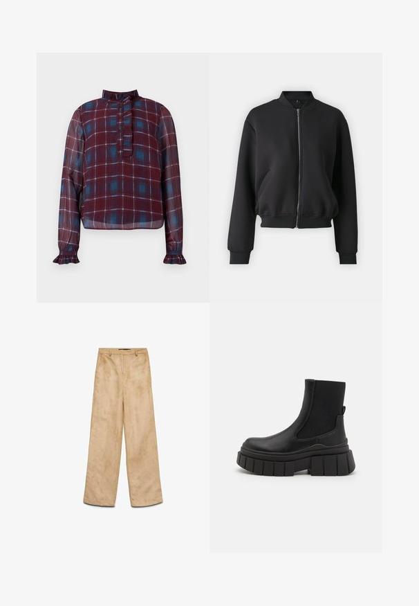 Juodas bomberio tipo švarkas, pagamintas iš minkštos medžiagos, turintis priekinį užtrauktuką, raukšlėtus rankogalius ir šonines kišenes su laisvu siluetu.; Ilga rankovė burgundiška ir mėlyna languota blusa su raukšlėtu aukštu apykakle, sagų uždarymu ir raukšlėtomis rankovėmis.; Bežiniai suflėjo plačiakelniai kelnių su lygiu paviršiumi, turintys priekinius užtrauktukus, diržo kilpas ir dvi šonines kišenes.; Juodos kulkšninių botų, pagamintų iš lygaus odos, su elastingais šonų elementais, masyviu platformos padu ir tekstūruotu raštu.