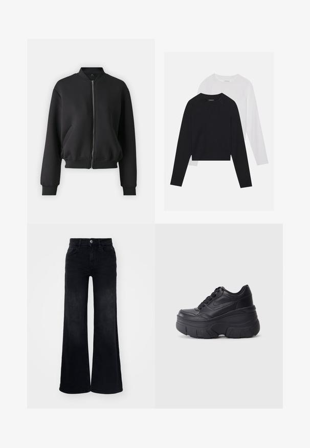 Jachetă bomber neagră, confecționată dintr-un material moale, cu un fermoar frontal, mâneci cu tiv elastic și buzunare laterale, având o croială lejeră.; Două cămăși cu mâneci lungi: una neagră și una albă. Ambele au guler rotund, mâneci raglan și sunt realizate dintr-un amestec moale de bumbac.; ONLY ONLCHRIS WIDE - Wide leg - washed black; Adidași negri cu șireturi, cu un toc gros, având partea superioară din piele netedă, vârf rotund și un design distinct de platformă stratificată.