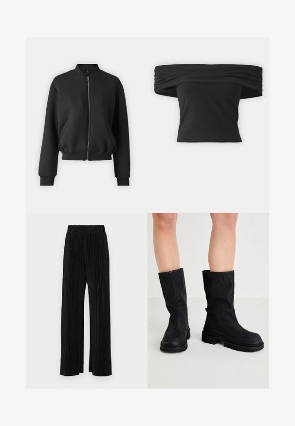 Jachetă bomber neagră, confecționată dintr-un material moale, cu un fermoar frontal, mâneci cu tiv elastic și buzunare laterale, având o croială lejeră.; Top negru, cu umerii la vedere, cu textură adunată la gât, mâneci scurte și un design croppat, ajustat. Fabricat din material elastic.; Pantaloni negri plisati cu talie elastică. Prezintă picioare largi și un material neted, texturat, cu dungi verticale.; Cizme negre până la genunchi, fabricate dintr-un material textil fin, cu o talpă groasă din cauciuc, având un design minimalist și detalii subtile de cusătură.