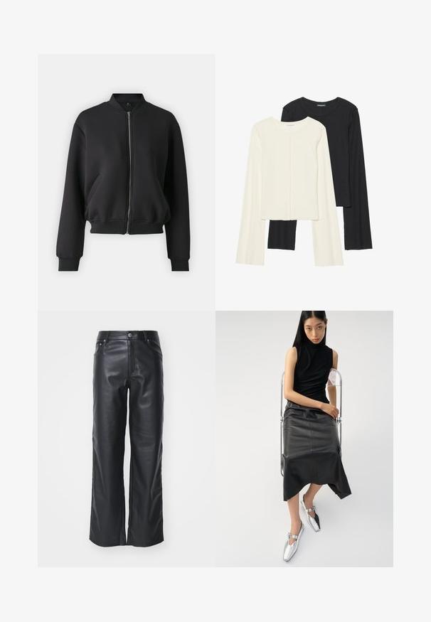 Melna bumbieru ādas jaka, kas izgatavota no mīksta auduma, ar priekšējo rāvējslēdzēju, ribotām aprocēm un sānu kabatām ar brīvu piegriezumu.; Divu garo piedurkņu tops komplekts baltā un melnā krāsā. Ribota tekstūra, apaļš kakls, pieguļoša dizaina ar nedaudz izplestām piedurknēm.; Melnas ādas platlegu bikses ar gludu tekstūru, ar priekšējo pogas aizdari un piecu kabatu dizainu. Veidotas brīvā piegriezumā.; Melnā bezpiedurkņu blūze, šaurs melns ādas svārks ar viļņotu apakšdaļu un spīdīgas sudraba kurpes ar izgriezumu un sprādzes detaļu.