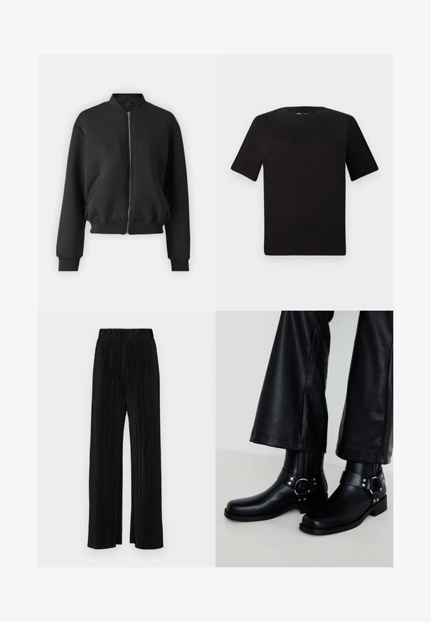 Veste bomber noire en tissu doux, avec une fermeture éclair à l'avant, des poignets côtelés et des poches latérales, offrant une coupe décontractée.; T-shirt noir à manches courtes avec un col rond, fabriqué en coton doux. Design simple, sans logos ni motifs visibles.; Pantalons plissés noirs avec une taille élastique. Présente des jambes larges et un tissu lisse texturé avec des rayures verticales.; Bottines en cuir noir avec un bout arrondi, présentant une boucle décorative et des clous sur la sangle, ainsi qu'un détail côtelé vertical.