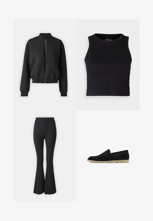 Black bomber jacket made from soft fabric, featuring a front zipper, ribbed cuffs, and side pockets with a relaxed fit.; Black ribbed crop tank top with a round neckline and sleeveless design. Made from soft, stretchy fabric, featuring clean hemmed edges.; Black flared trousers made from stretchy fabric. Features a high waistband and a smooth, fitted design that flares from the knee downward.; Black suede loafers with a flat beige sole, featuring a stitched design and a sleek slip-on style, suitable for casual wear.