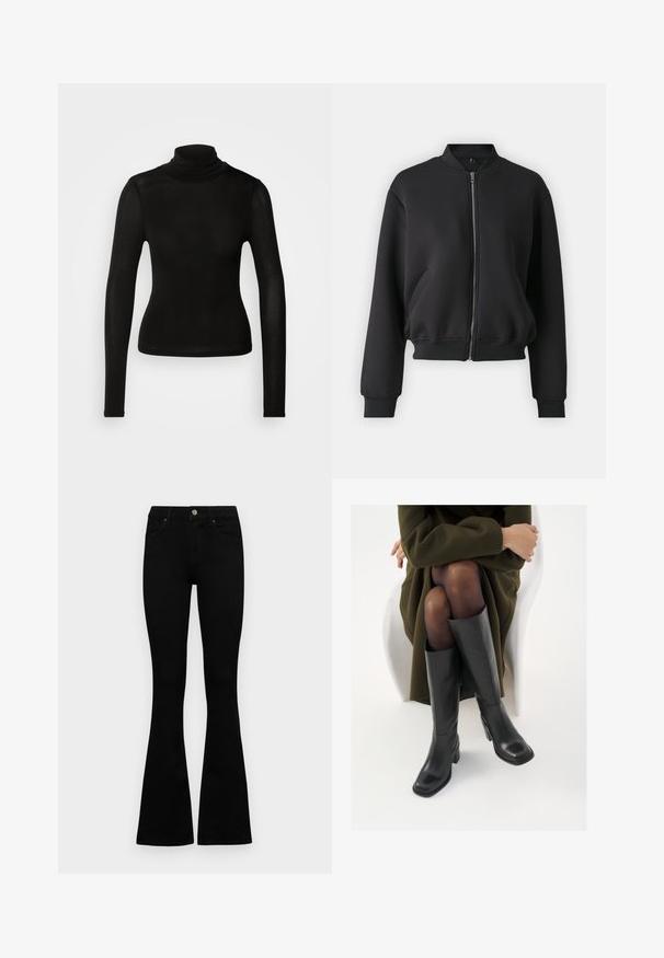 Black bomber jacket made from soft fabric, featuring a front zipper, ribbed cuffs, and side pockets with a relaxed fit.; Black turtleneck top made from a lightweight, stretchy material. Features long sleeves and a fitted silhouette without visible seams.; Black high-waist jeans with a button and zip closure, front pockets, and flared legs laid flat on a white background.; Knee-high black leather boots with a squared toe and block heel, shown with a model seated in an olive green coat. Smooth texture, minimal detailing.