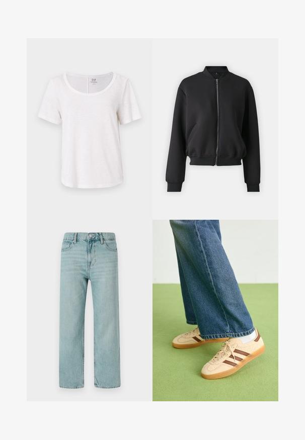 Must mustrajakas, mis on valmistatud pehmest kangast, ees on lukuga, ribatud mansetid ja küljetaskud, millel on lõdva lõikega disain.; GAP BLEND SCOOP - Lihtne T-särk - fresh white; Heledad sinine lai leg jeans, mis on valmistatud denimist, klassikalise viie tasku disainiga, puhaste joontega ning regulaarse vöökohtadega, millel on nupuvajutus.; Beežid spordijalatsid tekstuursete kreemjatest paneelidest ja pruunidest triipudest, koos siniste denim pükstega. Püksid on avara säärega ja narmendava äärega.