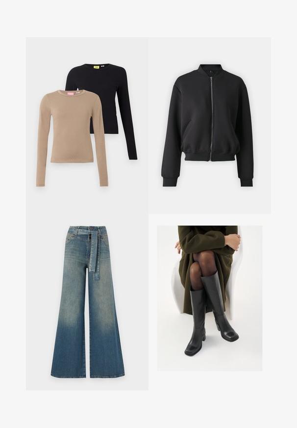 Must mustrajakas, mis on valmistatud pehmest kangast, ees on lukuga, ribatud mansetid ja küljetaskud, millel on lõdva lõikega disain.; Beige ja musta pika varrukaga topid, millel on ümarad kaelused, sile tekstuur ja kehaümar kujundus. Kaelustes on nähtavad sildid.; Laiad denimpüksid, millel on hele tume sinine gradiendiefekt, kõrge vöökoht, vöökumlid ja sobivast kangast vöö. Struktureeritud denimi viimistlus.; Knee-high mustad nahast saapad nelinurkse varbaga ja plokilise kontsaga, esitatud mudeli kõrval, kes istub oliivirohelises mantlis. Sujuv tekstuur, minimaalne detailide arv.