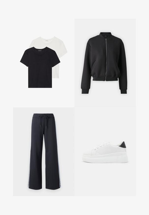 Black bomber jacket made from soft fabric, featuring a front zipper, ribbed cuffs, and side pockets with a relaxed fit.; Two short-sleeve T-shirts in black and white. Made of soft cotton, featuring a round neckline and standard fit with minimal stitching detail.; Black wide-leg pants with an elastic waistband and drawstring. Features blue side stripes and a smooth, soft texture.; White platform sneakers made of smooth synthetic material, featuring a rounded toe, lace-up design, and a textured rubber sole. Black heel accent.