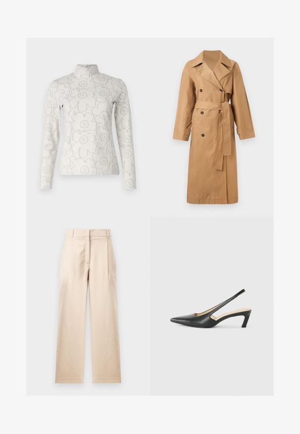Calvin Klein CLASSIC LONG - Trenchcoat - tigers eye; Langermet høyhalset genser i lyse kremfarge med et hevet blomsterdesign i grått, med en tett silhuett og uten lukking.; Beige bukser laget av glatt stoff. Har en rett kutt, flat front og to folder. Ingen synlige mønstre eller beslag.; Svart spiss tå slingback-sko med lav hæl, laget av jevnt skinnmateriale og med utskåret design på siden for pusteevne.