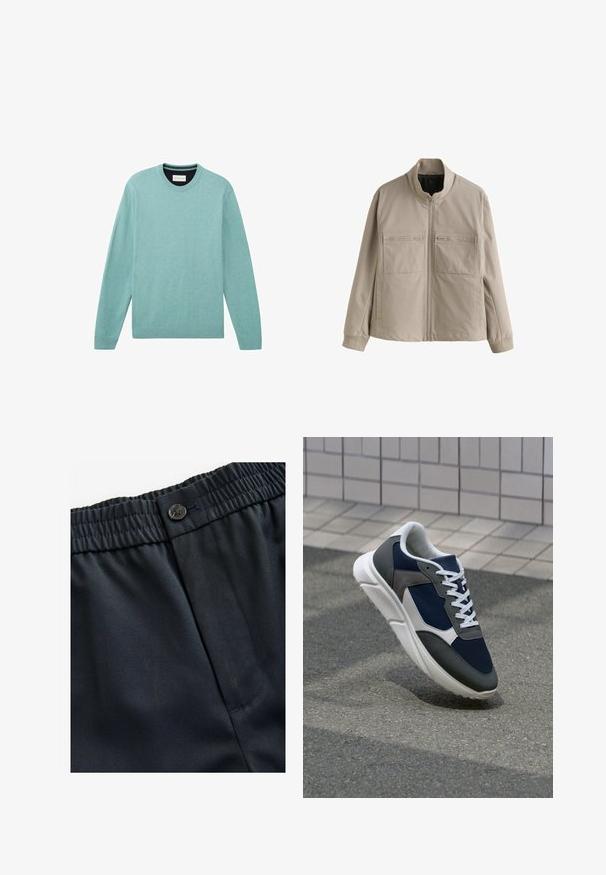 Giacca beige con zip e colletto alto, due tasche con zip sul petto, maniche lunghe e polsini a coste, esposta su sfondo bianco.; Maglione verde acqua realizzato in materiale morbido, con maniche lunghe, collo rotondo, polsini a coste e una superficie liscia con una leggera trama.; Tessuto leggero di colore blu navy con una texture liscia. Presenta una cintura elastica con chiusura a bottone e una tasca laterale.; Sneaker con tomaia in rete blu navy, inserti in suede grigio, suola in gomma bianca e lacci bianchi piatti, progettata per comfort e traspirabilità.