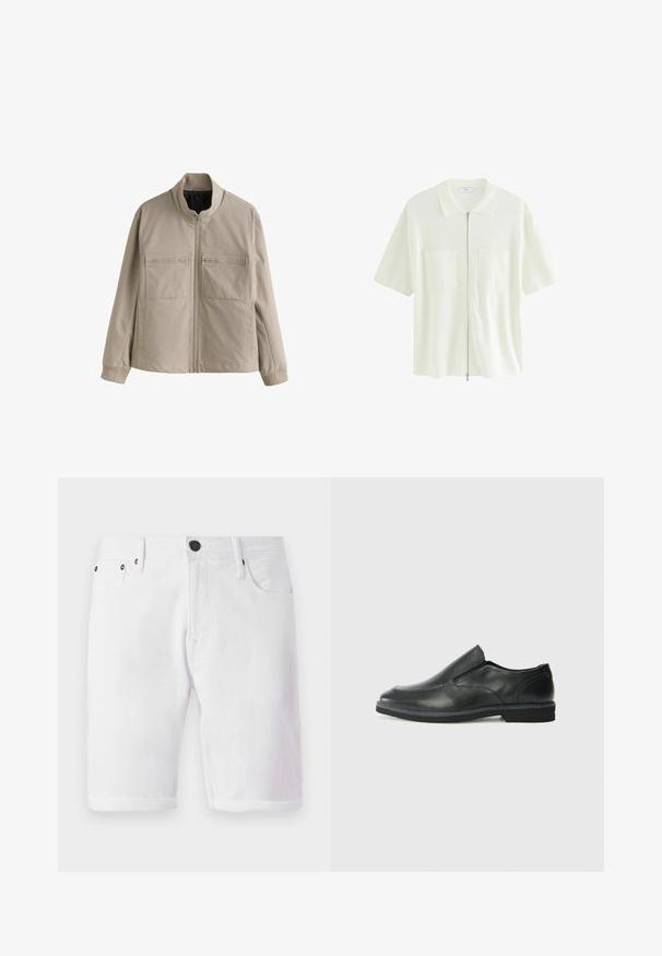 Giacca beige con zip e colletto alto, due tasche con zip sul petto, maniche lunghe e polsini a coste, esposta su sfondo bianco.; Camicia bianca a maniche corte con zip, realizzata in tessuto testurizzato, caratterizzata da un colletto e due tasche frontali con pattine quadrate.; Shorts in denim bianco con chiusura a bottone, design a cinque tasche e orlo arrotolato. Texture liscia con dettagli in metallo sulle tasche.; Scarpa nera in pelle con inserto scivolare, superiore liscio, dettagli cuciti, punta arrotondata e tacco in gomma basso. La suola presenta un battistrada minimale.