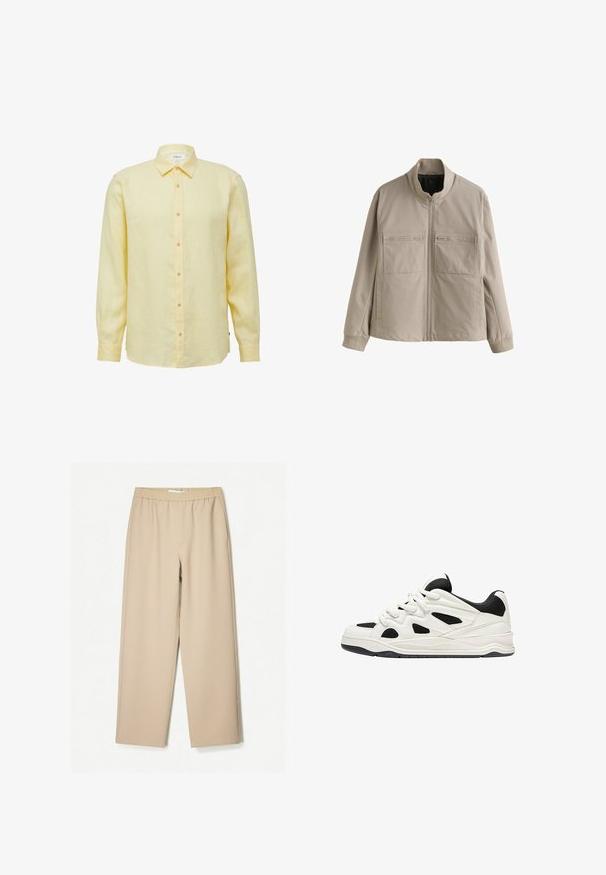 Beżowa kurtka zapinana na zamek z stojącym kołnierzem, dwoma kieszeniami na zamek na piersi, długimi rękawami i mankietami, prezentowana na białym tle.; Koszula z długim rękawem w kolorze żółtym, wykonana z lnu, z zapinaniem na guziki z przodu, spiczastym kołnierzykiem i jasnobrązowymi guzikami. Charakteryzuje się gładką fakturą i luźnym krojem.; Beżowe spodnie szerokie z elastycznym paskiem, wykonane z miękkiego materiału, o gładkiej fakturze i minimalnych detalach szwów.; Białe i czarne buty sportowe z teksturowaną podeszwą, z wyciętymi wzorami po bokach oraz sznurowadłami, a także wyściełanym tyłem dla wsparcia.