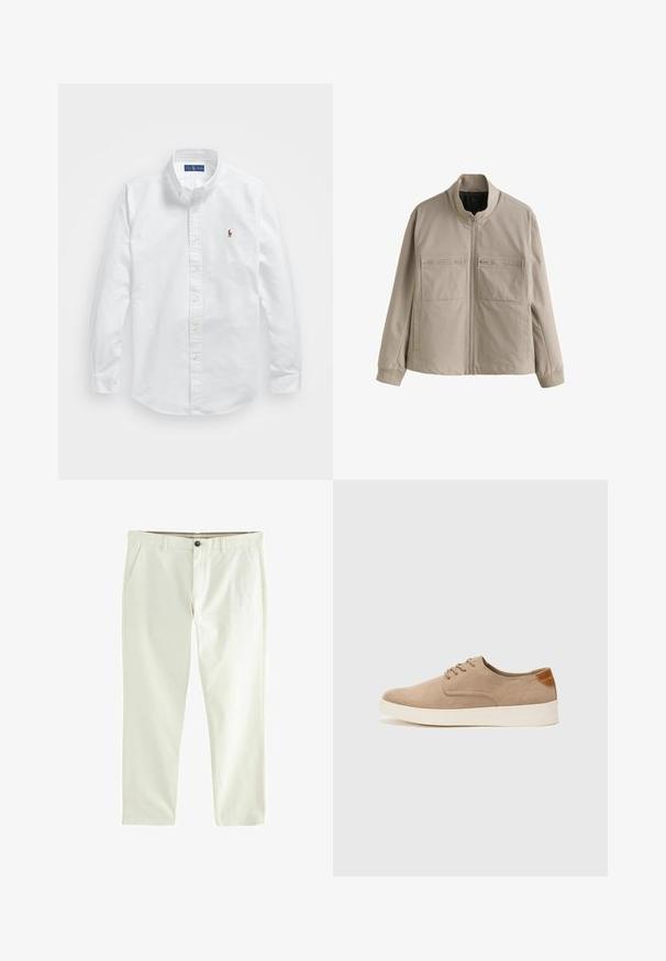 Beżowa kurtka zapinana na zamek z stojącym kołnierzem, dwoma kieszeniami na zamek na piersi, długimi rękawami i mankietami, prezentowana na białym tle.; Biała bawełniana koszula zapinana na guziki z klasycznym kołnierzykiem, długimi rękawami i małym haftowanym logo na lewej piersi.; Białe bawełniane spodnie o prostych nogawkach, z dwoma przednimi kieszeniami i zapięciem na guzik z przodu. Gładka faktura o swobodnym stylu.; Beżowe zamszowe sneakersy z okrągłym noskiem, sznurowanym przodem i teksturowanym akcentem na tyle. Biała gumowa podeszwa tworzy kontrast. Prosty i nowoczesny design.