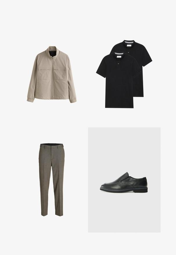 Bela zip-up jakna s stoječim ovratnikom, dvema zadrgo zaprtima žepoma na prsih, dolgimi rokavi in odprtinami za zapestja, prikazana na beli podlagi.; Dve črne polo majice, kratke rokave, iz bombažnega materiala, z klasik ovratnikom, dvobodno zaponko in belimi črtkami znotraj ovratnika.; Sive krojene hlače z drobno tkanino, ravnim sprednjim delom, dvema pregiboma in ravnim krojem. Imajo zanke za pas in žep.; Črne usnjene natikače z gladkim zgornjim delom, prišitimi detajli, zaobljenim nosom in nizkim gumijastim petkom. Podplat ima minimalen profil.