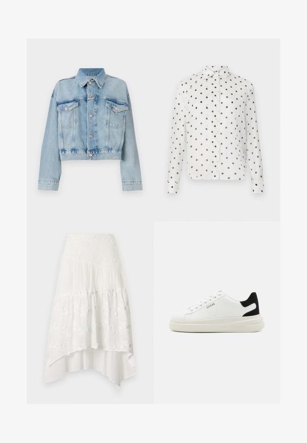 Lys blå denimjakke med et cropped design, der har to brystlommer, en krave og sølvfarvede knapper. Glat tekstur og afslappet stil.; Hvid skjorte med marineblå prikker, med klassisk krave og lange ærmer. Lavet af glat stof, med knaplukning foran.; Hvid, lagdelt nederdel med blomsterbroderi. Har en tætsiddende talje og flydende, lagdelt stof, der skaber en asymmetrisk kant.; Hvide lædersneakers med en tyk hvid sål, sort ruskindhælvægt og prægede logoer på siden. Snørebåndsdesign med seks øjer.