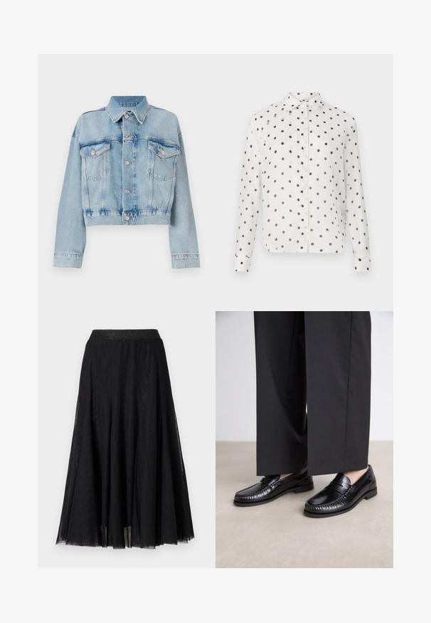 Svetlomodrá džínsová bunda s krátkym strihom, dvoma náprsními vreckami, golierom a striebornými gombíkmi. Hladká textúra a ležérny štýl.; Biely košeľový vrch s námorníckymi bodkami, s klasickým golierom a dlhými rukávmi. Vyrobený z hladkej tkaniny, s gombíkovým zapínaním pozdĺž prednej strany.; Čierna maxi sukňa s textúrovaným, splývavým dizajnom. Obsahuje široký, trblietavý pás a vrstvenú, priesvitnú látku pre pôvabný vzhľad.; Čierne kožené loafery s hladkým povrchom, prešité detaily okolo špičky a nízkou gumovou podrážkou. V kombinácii s voľnými čiernymi nohavicami.