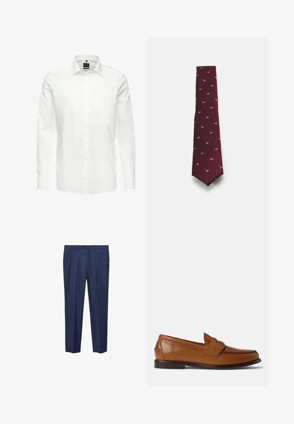 Bruine leren blazer met een afgeronde kraag, twee voorzakken, vier knopen en een stijlvolle, gladde textuur.; Witte kabelgebreide trui met lange mouwen, ribgebreide manchetten en zoom, met een klein marineblauw geborduurd Polo Ralph Lauren-logo op de borst.; Witte overhemd met lange mouwen, knopen aan de voorkant, klassieke kraag, gladde katoen stof, lichtgewicht, met subtiele stiksels en zonder patronen.; Navyblauwe broeken van textuurstof, met een platte voorkant, twee zijzakken en een rechte pijpdesign.; Bruine leren instappers met een platte zool, ronde neus en decoratieve stiksels. Beschikt over een gestikt detail aan de bovenkant en een gladde afwerking.; Bordeaux kleurige stropdas met een geribbelde textuur, voorzien van kleine, geborduurde vogelpatronen in blauw en wit. Rechthoekige vorm met een puntige uiteinde.