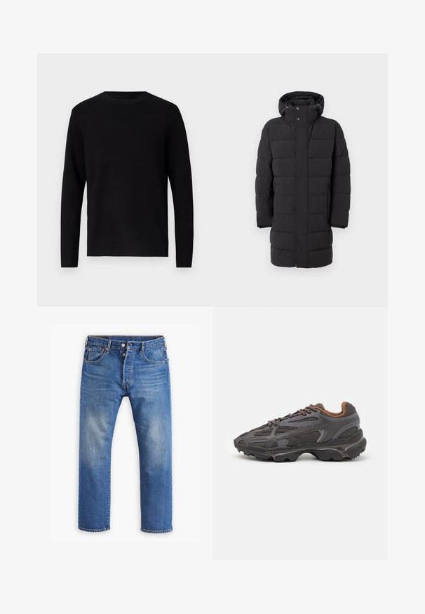 Black padded coat with a hood, featuring a zip and snap button closure, wide quilted panels, and a mid-length design.; Black knit sweater with a crew neckline and long sleeves. Smooth texture and solid color, featuring no visible patterns or accents.; Blue denim jeans, straight leg design, with visible fading, button and zipper closure, five pockets, and orange stitching accents.; Lacoste sneakers in dark gray with mesh and synthetic material, featuring a textured sole and brown accents on the collar and branding.