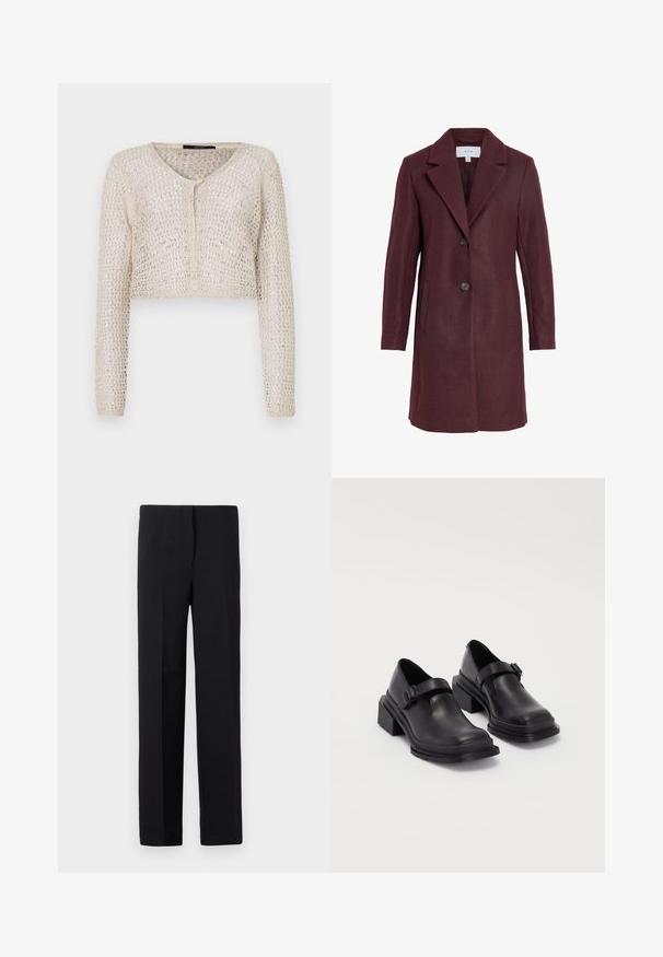 Manteau en mélange de laine bordeaux avec un col cranté, fermeture à deux boutons, poches latérales et coupe ajustée. Texture douce et lignes épurées.; Cardigan en crème au crochet avec un col en V, des manches longues et une fermeture à boutons sur le devant. La texture en mailles ouvertes ajoute de la respirabilité.; Gina Tricot SOFT TOUCH CROPPED TOP - T-shirt à manches longues - pristine; Pantalons noirs ajustés à coupe droite, avec une texture lisse et sans motifs visibles. Taille standard et finition soignée.; Chaussures en cuir noir avec un bout arrondi, semelle plate et une sangle avec une boucle décorative. Talon épais pour plus de stabilité.