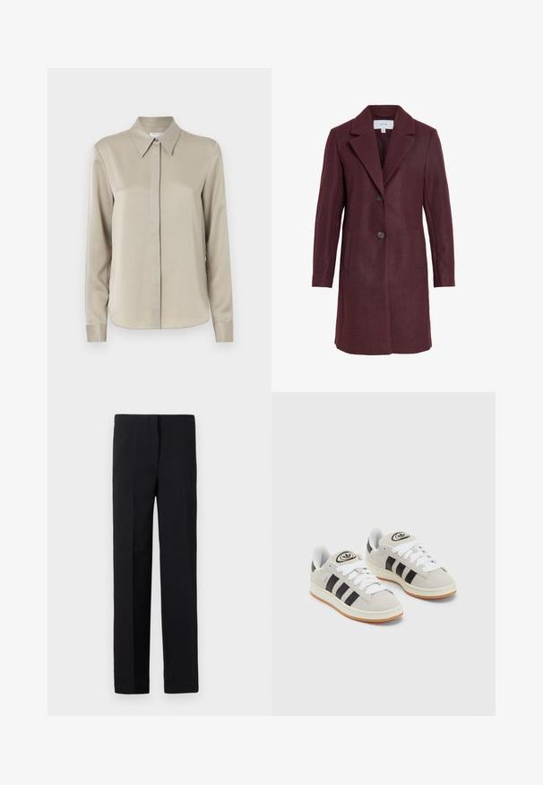 Bordeaux wollen blend jas met een geknipte kraag, sluiting met twee knopen, zijzakken en een getailleerde pasvorm. Zachte textuur en strakke lijnen.; Beige langslavenshirt met een klassieke kraag, een soepele textuur, een sluiting met knopen aan de voorkant en een subtiele glans. Tailored fit met een afgeronde zoom.; Zwarte op maat gemaakte broeken met een rechte snit, voorzien van een gladde textuur en geen zichtbare patronen. Standaard tailleband en een nette afwerking.; Grijze nubucklederen sneakers met witte veters, zwarte strepen en een witte rubberen zool. Bevat een rond logo op de tong en een gumzool.