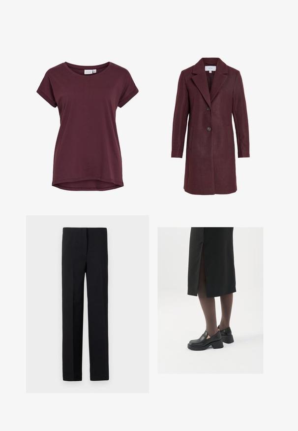 Burgundska volneno-mešanska bunda s poševnim ovratnikom, z dvema gumboma, stranskimi žepi in krojem, ki lepo prilagaja postavo. Mehka tekstura in čiste linije.; Bordo kratka majica s kratkimi rokavi z okroglim izrezom, nekoliko daljšim hrbtom in zvitimi manšetami, izdelana iz mehkega blaga.; Črni prilagojeni hlače z ravnim krojem, ki imajo gladko teksturo in brez vidnih vzorcev. Standardni pas in čist zaključek.; Črne usnjene čevlje s zaobljenim prstom, debelim blokastim petama in elastičnimi stranskimi detajli, v kombinaciji s temno nogavicami in črno krilo z razporkom.