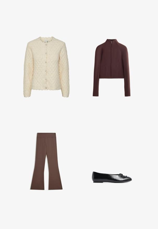 Hnedá skrátená bunda, hladká textúra, vysoký golier, predné zapínanie na zips, dlhé rukávy s úzkymi manžetami, minimálne švy.; Dlhý rukáv, krémový kardigán s textúrovaným diamantovým vzorom, zubatým golierom a piatimi dekoratívnymi perlovými gombíkmi vpredu.; Hnedé bavlnené tričko s okrúhlym výstrihom, krátkymi rukávmi a jednoduchým dizajnom. Rovný lem so splétaním a bez viditeľných ozdôb alebo vzorov.; Hnedé vysoké nohavice s priliehavou hornou časťou a rozšíreným spodkom, vystavené na jednoduchom bielom pozadí.; Čierne kožené baletky s okrúhlou špičkou, malou mašľou na prednej strane a nízkou, flexibilnou podrážkou. Hladká textúra po celom povrchu.