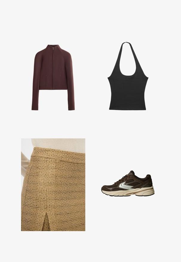 Braune, kurz geschnittene Jacke, glattes Stoffmaterial, hoher Kragen, Reißverschluss vorne, lange Ärmel mit engen Bündchen, minimale Nahtdetails.; Schwarzes ärmelloses Top mit runder Ausschnitt, aus weichem Stoff gefertigt. Es hat eine taillierte Form und klare Kanten. Keine zusätzlichen Muster oder Akzente.; Texturierter beiger Rock mit einem dezenten, gewebten Muster und einem kleinen Schlitz, der goldene Akzente und eine taillierte Passform hat.; Brauner Sportschuh mit Mesh-Einsätzen, einem weißen Akzentdesign, einer gepolsterten Gummisohle und einem strukturierten Stoffoberteil für Atmungsaktivität.