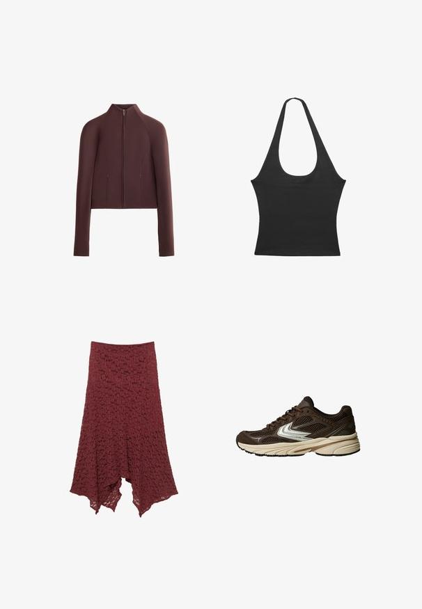 Brun cropped jakke, glat teksturstof, høj krave, lynlås foran, lange ærmer med tætsiddende manchetter, minimal sømdetaljering.; Sort ærmeløs top med rund hals, lavet af blødt stof. Har en tætsiddende form og rene kanter. Ingen yderligere mønstre eller detaljer.; Bordeaux blondekjole med en flared silhuet, der har et tekstureret mønster og en asymmetrisk nederste kant for et flydende udseende.; Brun atletisk sko med mesh-paneler, et hvidt accentdesign, en polstret gummisål og en strikket overdelsmateriale for åndbarhed.