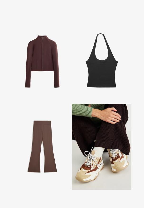 Ruskea lyhyt takki, sileä tekstuuri, korkea kaulus, edessä vetoketjusuljenta, pitkät hihat tiukkoine hihansuiden kanssa, minimaalinen sauman yksityiskohtaisuus.; Musta hihaton paita, jossa on pyöreä kaula-aukko, valmistettu pehmeästä kankaasta. Ominaisuudet: muotoon istuva malli ja siistit reunat. Ei ylimääräisiä kuvioita tai koristeita.; Ruske høyhalsebukser med en tettsittende overben og utvidet bunn, vist mot en enkel hvit bakgrunn.; Steve Madden POSSESSIONE - Matalavartiset tennarit - brown/sand