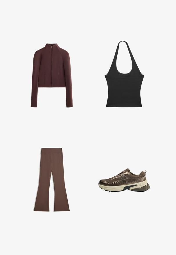 Smeđa skraćena jakna, tkanina glatke teksture, visok ovratnik, zatvaranje na prednjem dijelu s patentnim zatvaračem, duge rukave s uskim manžetama, minimalno detaljiranje šavova.; Crna majica bez rukava s okruglim izrezom, izrađena od mekanog materijala. Ima prilagođen oblik i čiste rubove. Bez dodatnih uzoraka ili ukrasa.; Smeđe hlače visokog struka sa uskim gornjim dijelom nogavica i raskošnom donjim dijelom, prikazane na običnoj bijeloj pozadini.; Smeđi atletski tenisice s mrežastim gornjim dijelom, metalnim akcentima, debelim bijelim međupotplatkom i strukturiranim crnim potplatom. Ima vezice i kvačicu.