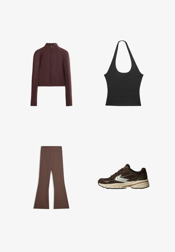 Giacca corta marrone, tessuto a trama liscia, colletto alto, chiusura frontale con zip, maniche lunghe con polsini aderenti, dettagli di cucitura minimal.; Top senza maniche nero con scollo a barca, realizzato in tessuto morbido. Presenta una forma aderente e bordi puliti. Nessun motivo o accentuazione aggiuntiva.; Pantaloni alti marroni con gamba superiore aderente e fondo svasato, esposti su uno sfondo bianco semplice.; Scarpa atletica marrone con pannelli in rete, un design con accenti bianchi, una suola in gomma imbottita e una tomaia in tessuto testurizzato per la traspirabilità.