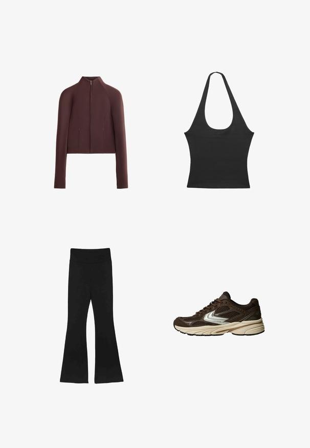 Brązowa krótka kurtka, gładka tkanina, wysoki kołnierz, zamek błyskawiczny z przodu, długie rękawy z dopasowanymi mankietami, minimalne przeszycia.; Czarny bezrękawnik z dekoltem w serek, wykonany z miękkiego materiału. Charakteryzuje się dopasowanym krojem i czystymi krawędziami. Brak dodatkowych wzorów lub akcentów.; Czarne spodnie dzwony z szerokim pasem i gładkim, elastycznym materiałem. Nogawki rozszerzają się, tworząc wyraźną sylwetkę.; Brązowy but sportowy z siateczkowymi panelami, białym akcentem, amortyzowaną gumową podeszwą oraz teksturowanym wierzchem z materiału zapewniającego wentylację.
