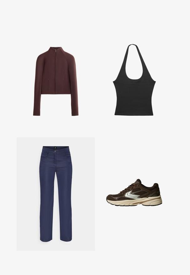 Hnědá zkrácená bunda, hladká textilie, vysoký límec, přední zip, dlouhé rukávy s přiléhavými manžetami, minimalizované švy.; Černý top bez rukávů s kulatým výstřihem, vyrobený z jemné látky. Má přiléhavý střih a čisté okraje. Bez dalších vzorů nebo akcentů.; Námořnické modré kalhoty z hladké tkaniny, s knoflíkovým zapínáním, pěti kapsami a rovnými nohavicemi. Minimální detaily šití.; Hnědá sportovní obuv s prodyšnými síťovanými panely, bílým akcentem, polstrovanou gumovou podrážkou a textilním svrškem pro zajištění větrání.