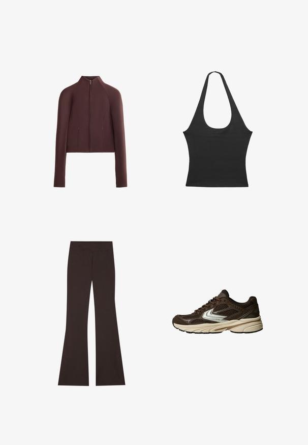 Hnedá skrátená bunda, hladká textúra, vysoký golier, predné zapínanie na zips, dlhé rukávy s úzkymi manžetami, minimálne švy.; Čierny bezrukávový top s okrúhlym výstrihom, vyrobený z mäkkej látky. Má priliehavý strih a čisté okraje. Žiadne ďalšie vzory ani akcenty.; Hnedé rozšírené nohavice s širokým pásom, vyrobené z elastického materiálu. Obsahujú bočné rozparky na leme a ploché švy.; Hnedá športová obuv s panelmi z polyesterovej sieťoviny, bielymi akcentmi, pohodlnou gumovou podrážkou a textilným vrchom pre lepšiu priedušnosť.