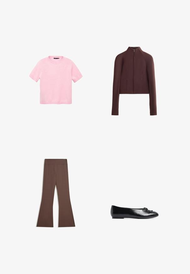 Brun cropped jakke, glat teksturstof, høj krave, lynlås foran, lange ærmer med tætsiddende manchetter, minimal sømdetaljering.; Kortærmet pink sweater lavet af blødt materiale, har en rund halsudskæring og en lige skæring uden mønstre eller accenter.; Brune højtaljede bukser med tætsiddende overben og flagrende bund, præsenteret mod en ensfarvet hvid baggrund.; Sort læder balletflade med en rund tå, lille sløjfedetalje foran og en lav, fleksibel sål. Glat tekstur hele vejen igennem.