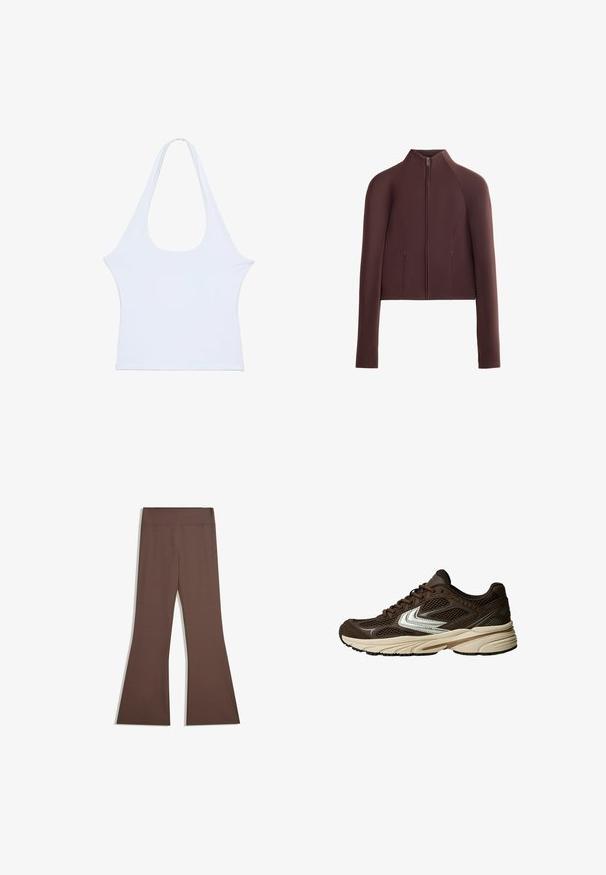 Hnědá zkrácená bunda, hladká textilie, vysoký límec, přední zip, dlouhé rukávy s přiléhavými manžetami, minimalizované švy.; Bílý bezrukávový top vyrobený z měkkého materiálu s volným kulatým výstřihem, celkově jednoduše navržen. Nemá žádné výrazné vzory ani ozdoby, látka je hladká.; Hnědé kalhoty s vysokým pasem, úzké na horní části a rozšířené na spodní části, vystavené na čistém bílém pozadí.; Hnědá sportovní obuv s prodyšnými síťovanými panely, bílým akcentem, polstrovanou gumovou podrážkou a textilním svrškem pro zajištění větrání.