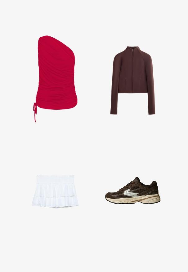 Brown cropped jacket, smooth textured fabric, high collar, front zip closure, long sleeves with fitted cuffs, minimal seam detailing.; Red one-shoulder top made from soft, stretchy fabric with gathered texture; includes adjustable drawstring detail at the hem.; White ruffled shorts with a smocked waistband, featuring layered fabric and subtle textured detailing. Lightweight and casual design.; Brown athletic shoe featuring mesh panels, a white accent design, a cushioned rubber sole, and a textured fabric upper for breathability.