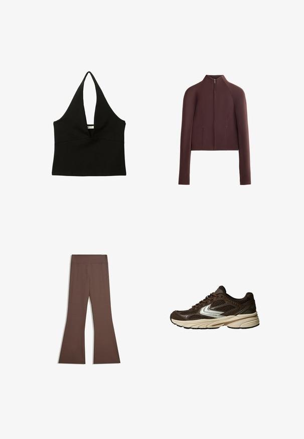 Rjava skrajšana jakna, gladka tekstura tkanine, visok ovratnik, sprednje zadrgo, dolgi rokavi z oprijetimi manšetami, minimalno šivano oblikovanje.; Črna bluzica s halter izrezom v globokem V-oblikovanju. Narejena iz gladkega materiala, se ponaša z oprijetim krojem in čistim robom. Brez dodatkov ali okrasnih elementov.; Rjave hlače visokega pasu s prilegajočim zgornjim delom noge in razširjenim dnom, prikazane na enobarvni beli podlagi.; Rjava atletska obutev z mrežastimi paneli, belimi akcenti, oblazinjenim gumijastim podplatom in teksturiranim tkaninskim zgornjim delom za zračnost.