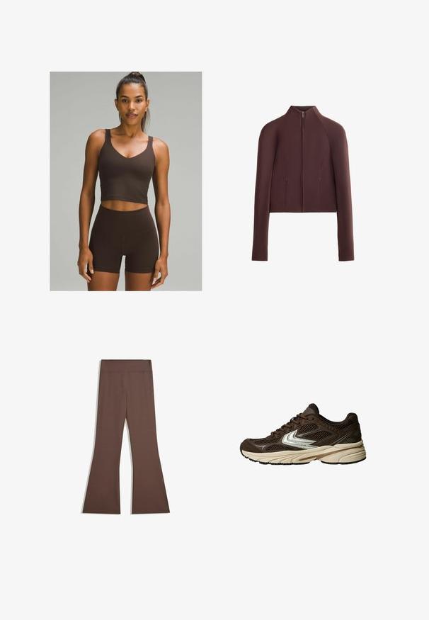 Rjava skrajšana jakna, gladka tekstura tkanine, visok ovratnik, sprednje zadrgo, dolgi rokavi z oprijetimi manšetami, minimalno šivano oblikovanje.; lululemon ALIGN™ A/B CUP - Top - espresso; Rjave hlače visokega pasu s prilegajočim zgornjim delom noge in razširjenim dnom, prikazane na enobarvni beli podlagi.; Rjava atletska obutev z mrežastimi paneli, belimi akcenti, oblazinjenim gumijastim podplatom in teksturiranim tkaninskim zgornjim delom za zračnost.