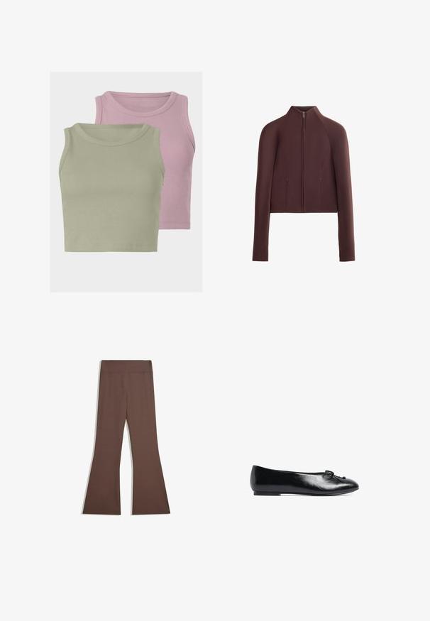 Brun cropped jakke, glat teksturstof, høj krave, lynlås foran, lange ærmer med tætsiddende manchetter, minimal sømdetaljering.; To sove ribbede crop tops uden ærmer, en i lys grøn og en i lys pink, der fremviser blød tekstur og runde halsudskæringer.; Brune højtaljede bukser med tætsiddende overben og flagrende bund, præsenteret mod en ensfarvet hvid baggrund.; Sort læder balletflade med en rund tå, lille sløjfedetalje foran og en lav, fleksibel sål. Glat tekstur hele vejen igennem.