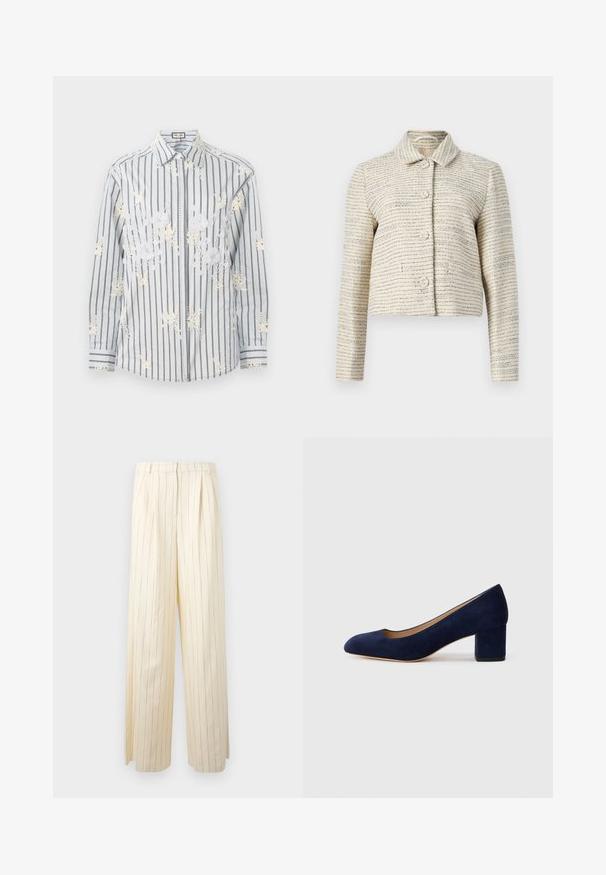 Bela kratica jakna od teksturiranog materijala s horizontalnim plavim i crnim prugama. Ima duge rukave, ovratnik i okrugle dugmadi.; Svijetloplava prugasta košulja s dugim rukavima, bijelim cvjetnim vezom i kontrastnim crnim detaljima na manžetama i ovratniku.; Hlače širokog kroja boje kreme s vertikalnim mornarsko plavim prugama, s završetkom od nabranog materijala i glatkom, malo teksturiranom tkaninom.; Tamno plava suede salonka s šiljastim vrhom i blok petom srednje visine. Glatka tekstura s blagim sjajem i malim izrezom sprijeda.