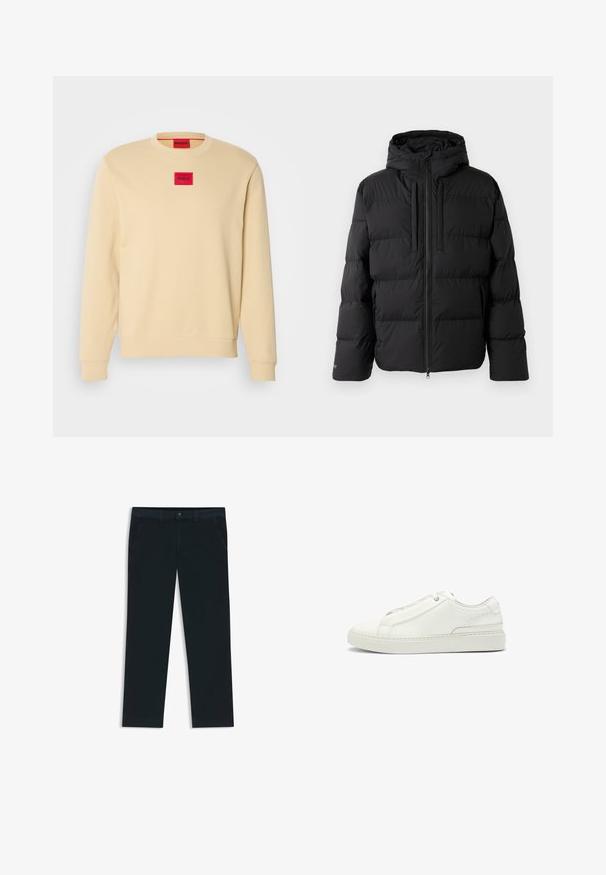 Giacca a vento nera con cappuccio, caratterizzata da un design a righe orizzontali, chiusura con zip frontale e due tasche laterali. Realizzata in un materiale liscio e resistente all'acqua.; Felpa crewneck in cotone beige chiaro. Presenta un patch logo rosso a forma di quadrato sul petto e polsini e orlo a coste. Texture liscia.; Chinos di un blu navy scuro realizzati in tessuto misto cotone. Presentano passanti per cintura, tasche frontali e una chiusura con zip e bottone.; Sneaker bianca in pelle con tomaia testurizzata, punta tonda, design minimalista e suola in gomma con dettagli cuciti.