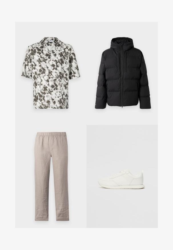 Melna pūkainā jaka ar kapuci, ar horizontālu dūrienu dizainu, ar rāvējslēdzēju priekšā un divām sānu kabatām. Izgatavota no gludas, ūdensizturīgas materiāla.; Kreklīša ar īsām piedurknēm, izgatavots no viegla auduma, ar baltu pamatni un abstraktu melnu un pelēku rakstu, kā arī ar iegriezto apkakli.; Gai smilšu krāsas lina bikses ar elastīgu jostasvietu, taisna kāju dizains un bez redzamām kabatām. Gluda tekstūra ar nelielām krokām.; Baltie sporta apavi ar mežģīņu un sintētisko augšdaļu, apaļu purngalu, plakanu mežģīņu un teksturētu sānu joslu. Gumijas zole ar cilpu aizmugurē.