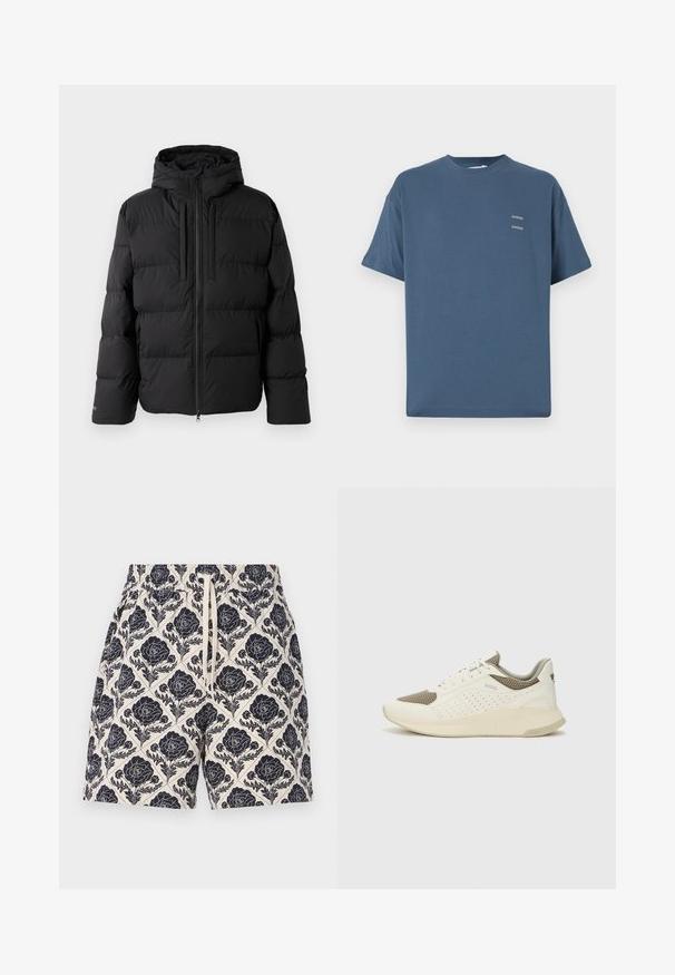 Juodas pūkinis švarkas su kapuche, horizontalių siuvinėjimų dizainu, užtrauktuko priekyje ir dviem šoninėmis kišenėmis. Pagamintas iš lygaus, vandeniui atsparaus medžiagos.; Mėlynas medvilninis marškinėliai su klasikinėmis apvalia kaklo iškirpte, trumpomis rankovėmis, laisvu siluetu ir dviem mažais atspausdintais logotipais ant krūtinės. Lygi tekstūra.; Kremiški šortai su tamsiai mėlynu gėlių raštu, turintys elastingą juosmenį ir raištelį, pagaminti iš lengvos medžiagos.; Baltas ir šviesiai bežinis sportinis kedas, su tinklo viršumi, perforuotais detalėmis ir tekstūruotu tarpine su logotipu ant kulno.