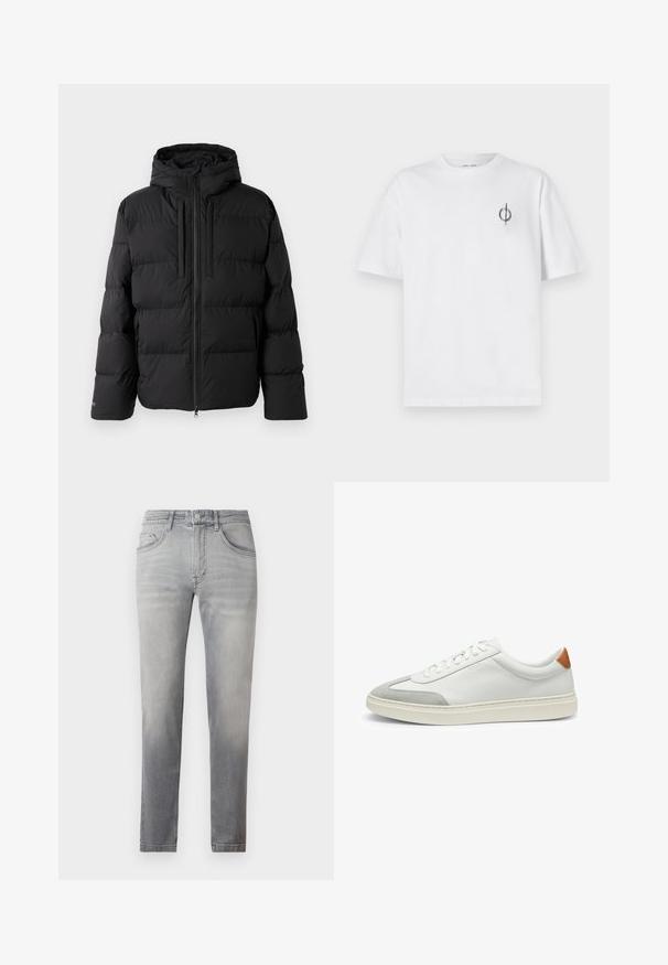 Black puffer jacket with a hood, featuring horizontal quilted design, zip front, and two side pockets. Made from a smooth, water-resistant material.; White cotton t-shirt with a relaxed fit, featuring a small black graphic logo on the left chest area. Short sleeves, crew neck style.; Gray denim jeans with a slim fit, featuring a mid-rise waist, five pockets, and subtle fading throughout. Classic stitching along seams.; White leather sneakers with gray suede accents and a tan leather heel tab. Features a textured surface and lightweight sole.