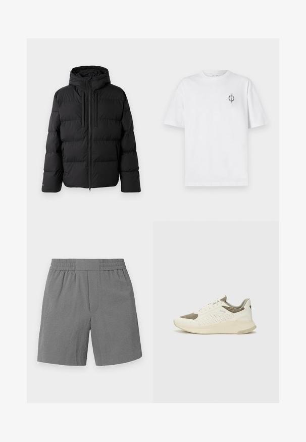 Fekete pufi kabát kapucnival, vízszintes steppelésű kialakítással, cipzáros elülső résszel és két oldalsó zsebbel. Simább, vízálló anyagból készült.; Fehér pamut póló laza szabással, kis fekete grafikai logóval a bal mellen. Rövid ujjak, kerek nyakkivágás.; Szürke rövidnadrág, rugalmas derékkal, texturált anyagból, egyenes szabással. Két oldalsó zseb és diszkrét, mintás dizájn jellemzi.; Fehér és világos bézs sportcipő, légies hálós felsőrésszel, perforált részletekkel és texturált középtalppal, amelyen a saroknál a márka logója található.