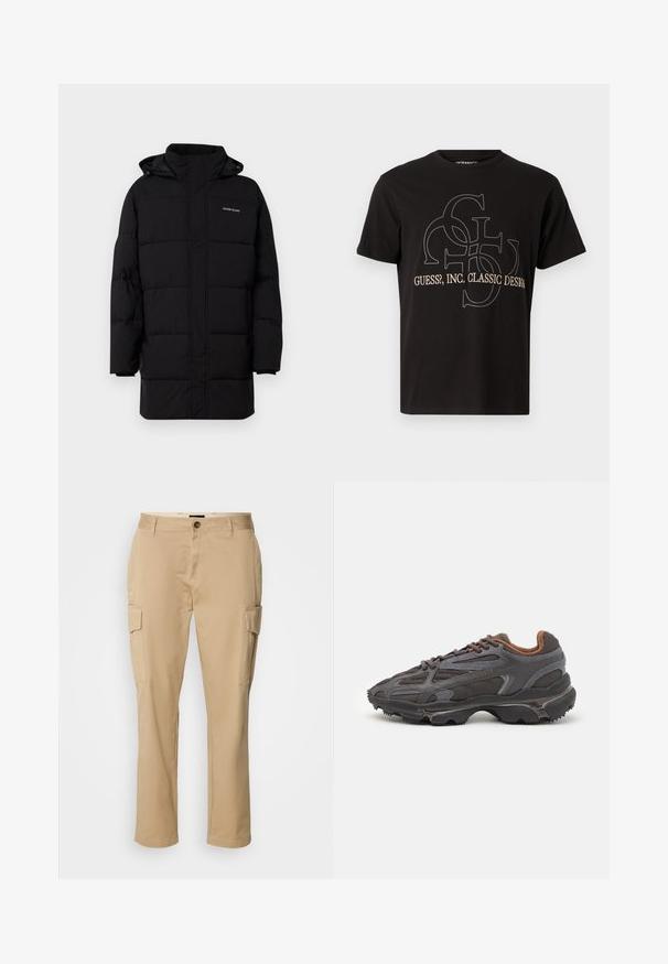 Guess Jeans PUFFER JACKET - Vinterjakker - jet black; Sort t-shirt lavet af bomuld med et stort logo-design i grå og beige med teksten "Guess?, Inc. Classic Design" centreret.; Beige cargo bukser lavet af bomuld. Har to sidelommer, en knaplukning og en lige ben-design. Glat tekstur, afslappet stil.; Lacoste sneakers i mørkegrå med mesh og syntetisk materiale, udstyret med en tekstureret sål og brune accenter på kraven og brandingen.