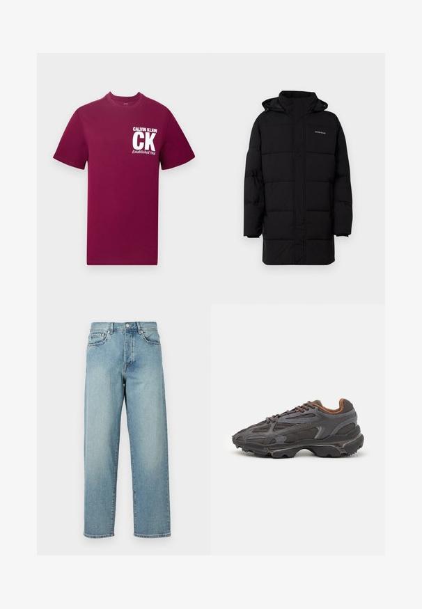 Guess Jeans PUFFER JACKET - Winter jacket - jet black; Burgundy cotton t-shirt with a crew neckline. Features white printed text: "CALVIN KLEIN CK Established 1968" positioned on the chest.; Light blue denim jeans with a loose fit, straight legs, five-pocket design, and a button closure at the waist. Minimalistic stitching detail.; Lacoste sneakers in dark gray with mesh and synthetic material, featuring a textured sole and brown accents on the collar and branding.
