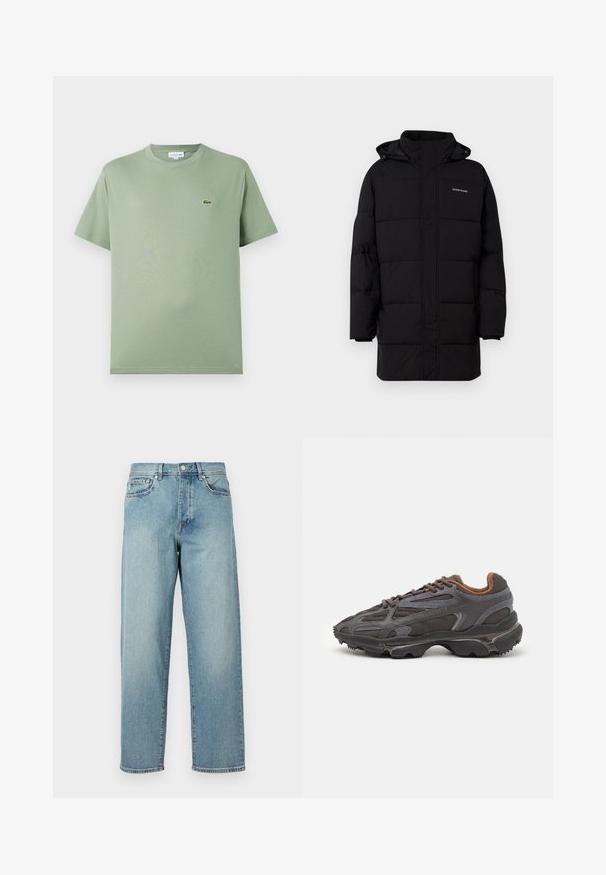 Guess Jeans PUFFER JACKET - Winterjas - jet black; Lichtgroene katoenen T-shirt met een ronde hals, korte mouwen en een klein logo op de linkerkant van de borst. Gladde textuur, standaard pasvorm.; Lichtblauwe denim jeans met een losse pasvorm, rechte pijpen, een vijfzakkenontwerp en een knoopsluiting bij de taille. Minimalistische stikdetails.; Lacoste sneakers in donkergrijs van mesh en synthetisch materiaal, met een gestructureerde zool en bruine accenten op de kraag en branding.