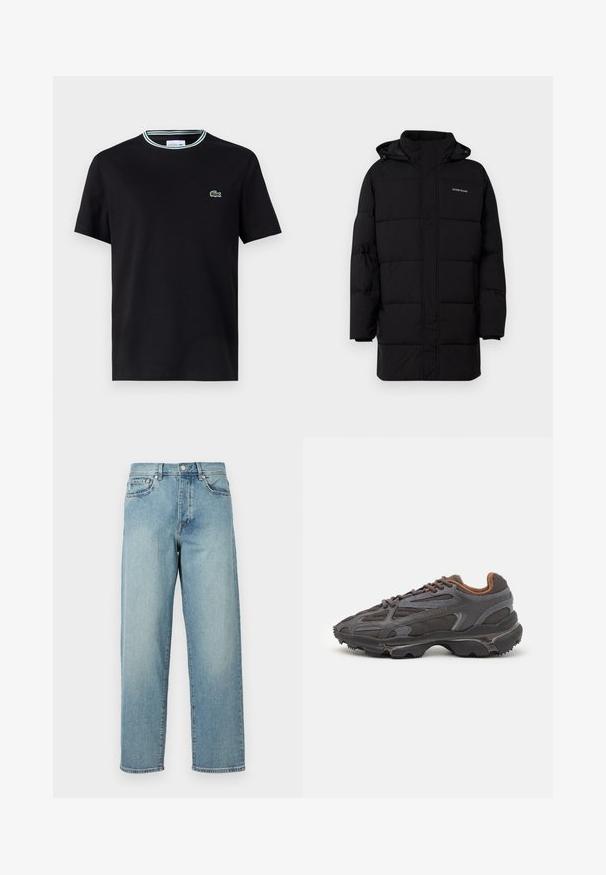 Guess Jeans PUFFER JACKET - Ziemas jaka - jet black; Melna kokvilnas T-krekls ar apaļu kakla izgriezumu, ar baltu un zaļu svītru apdari un izšuvumu zaļa krokodila logotipu kreisajā krūšu pusē.; Gaiši zili džinsi ar brīvu piegriezumu, taisnām kājām, piecu kabatu dizainu un pogu aizdari jostasvietā. Minimālistiski izšuvumi.; Lacoste kedas tumši pelēkā krāsā ar acu audumu un sintētisko materiālu, ar teksturētu zoli un brūniem akcentiem apkaklītē un zīmola uzrakstā.